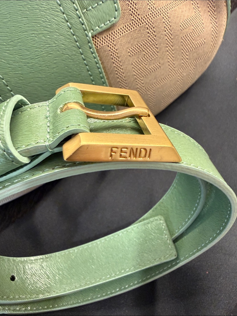 Fendi Zucca Mint Green and Beige Canvas Leather Baguette Shoulder Bag with Belt - Picture 8 of 9
